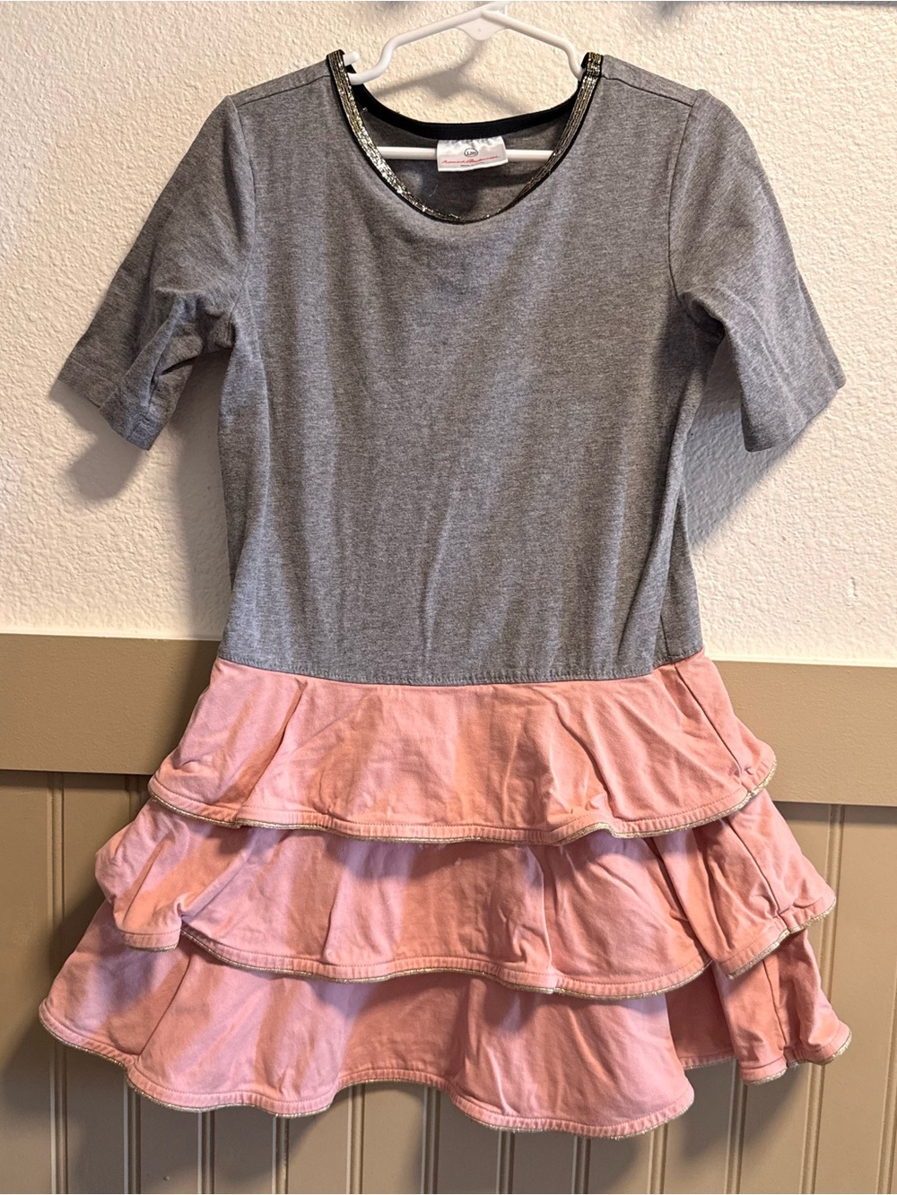 Hanna Anderson Gray and Pink Ruffle Hem Girls Dress